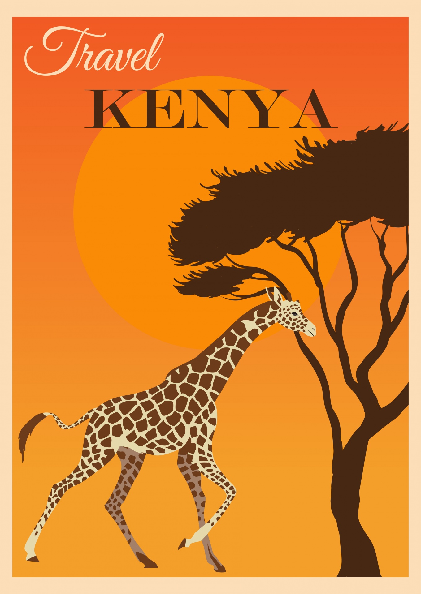 Modern retro, vintage style travel poster for Kenya, Africa with sunset, giraffe and acacia tree
