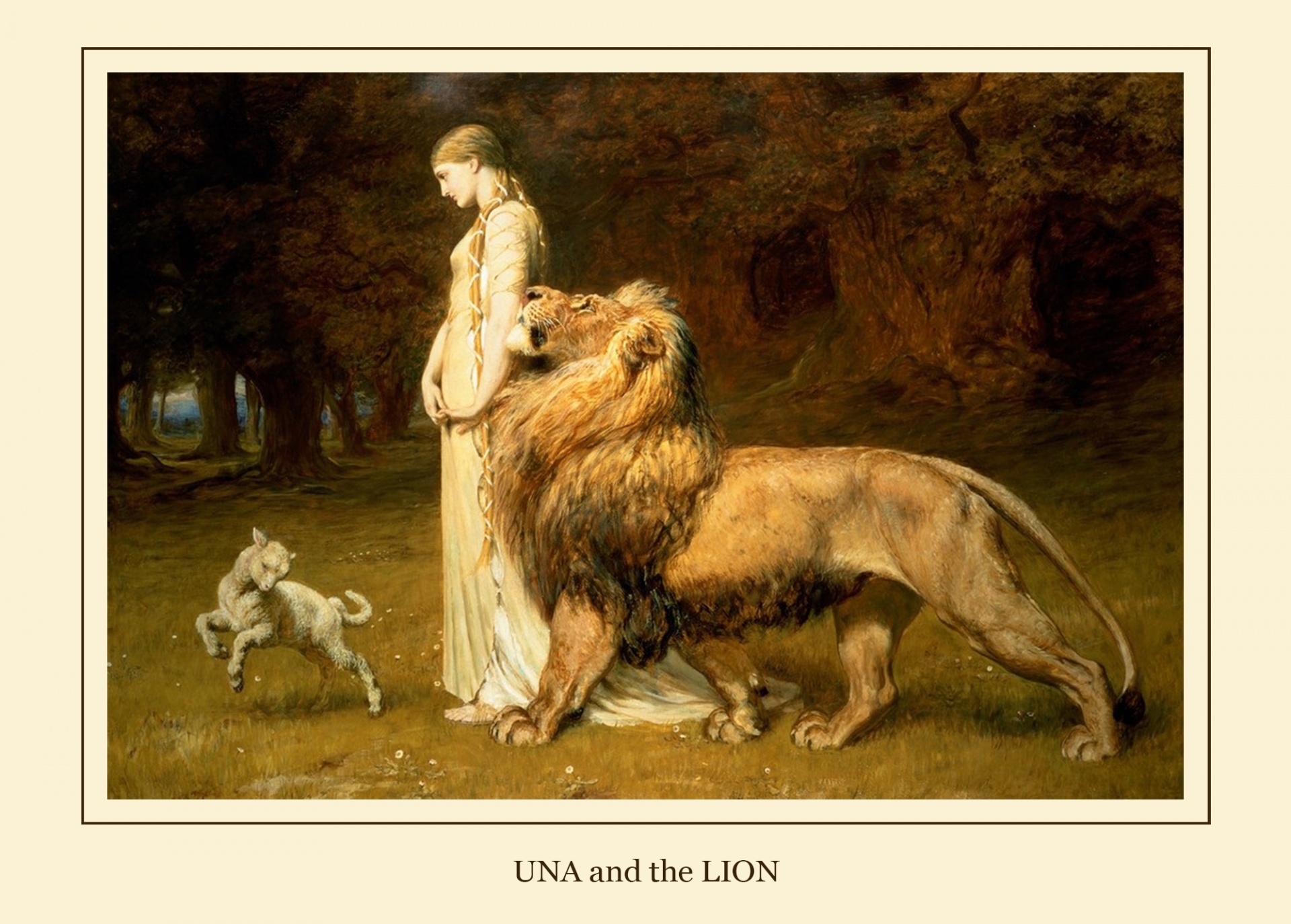 Beautiful vintage painting of a young woman and her pet lion along with a little skipping lamb on the edge of a forest