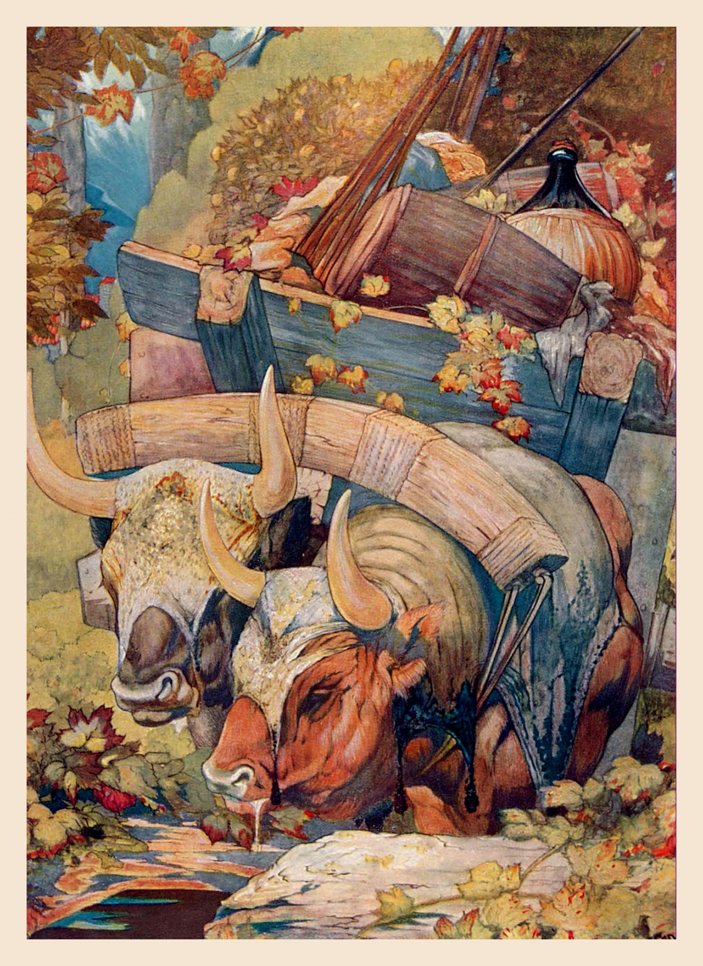 Ox cart autumn vintage art old antique illustration painting