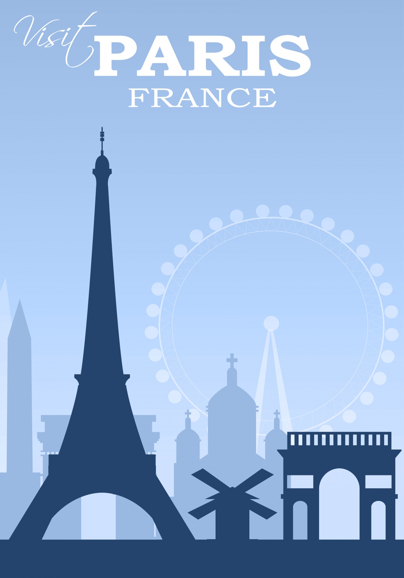 Modern travel Poster for Paris, France in blue tones with city skyline and landmarks backdrop