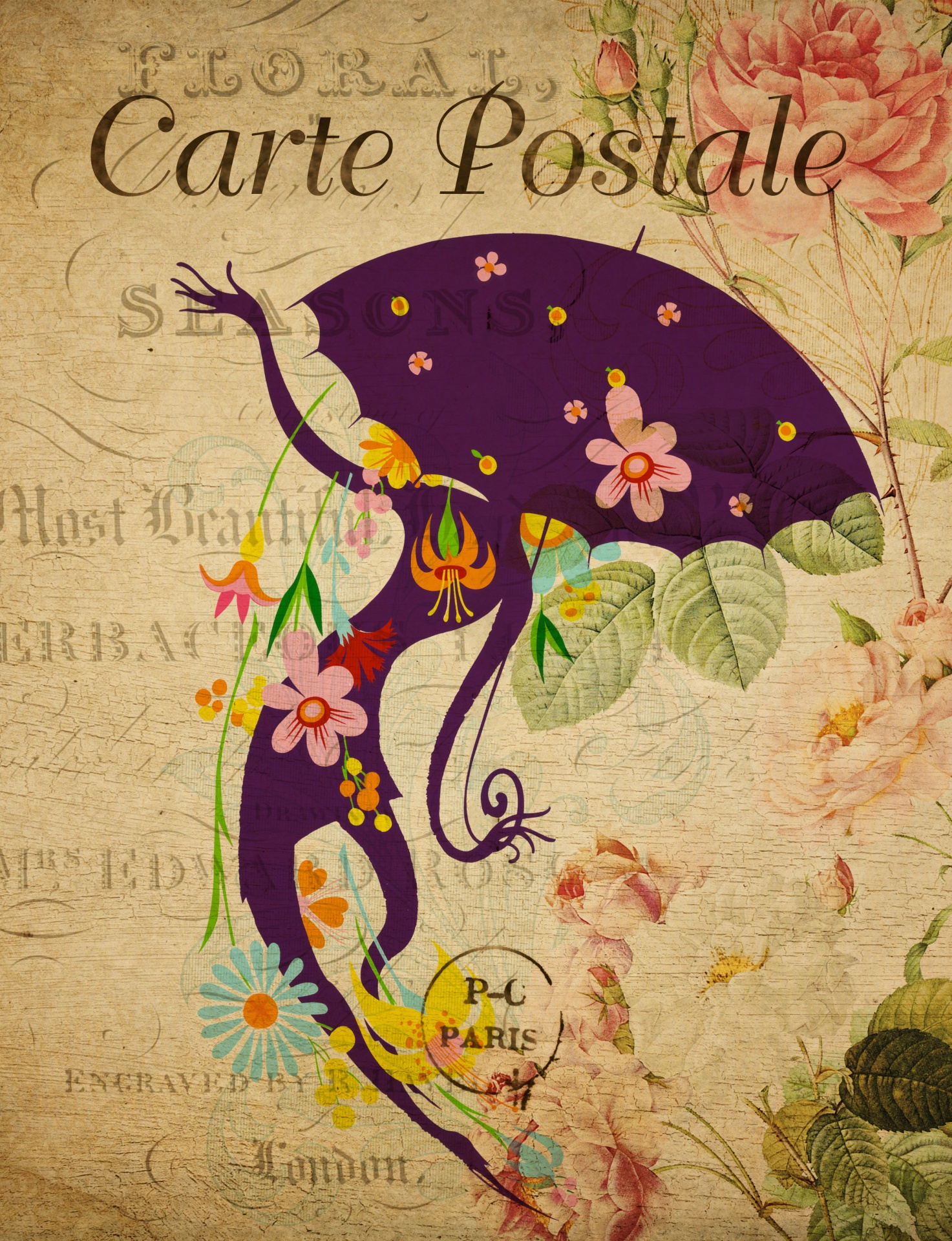 Retro floral woman with umbrella clipart illustration on vintage french floral postcard