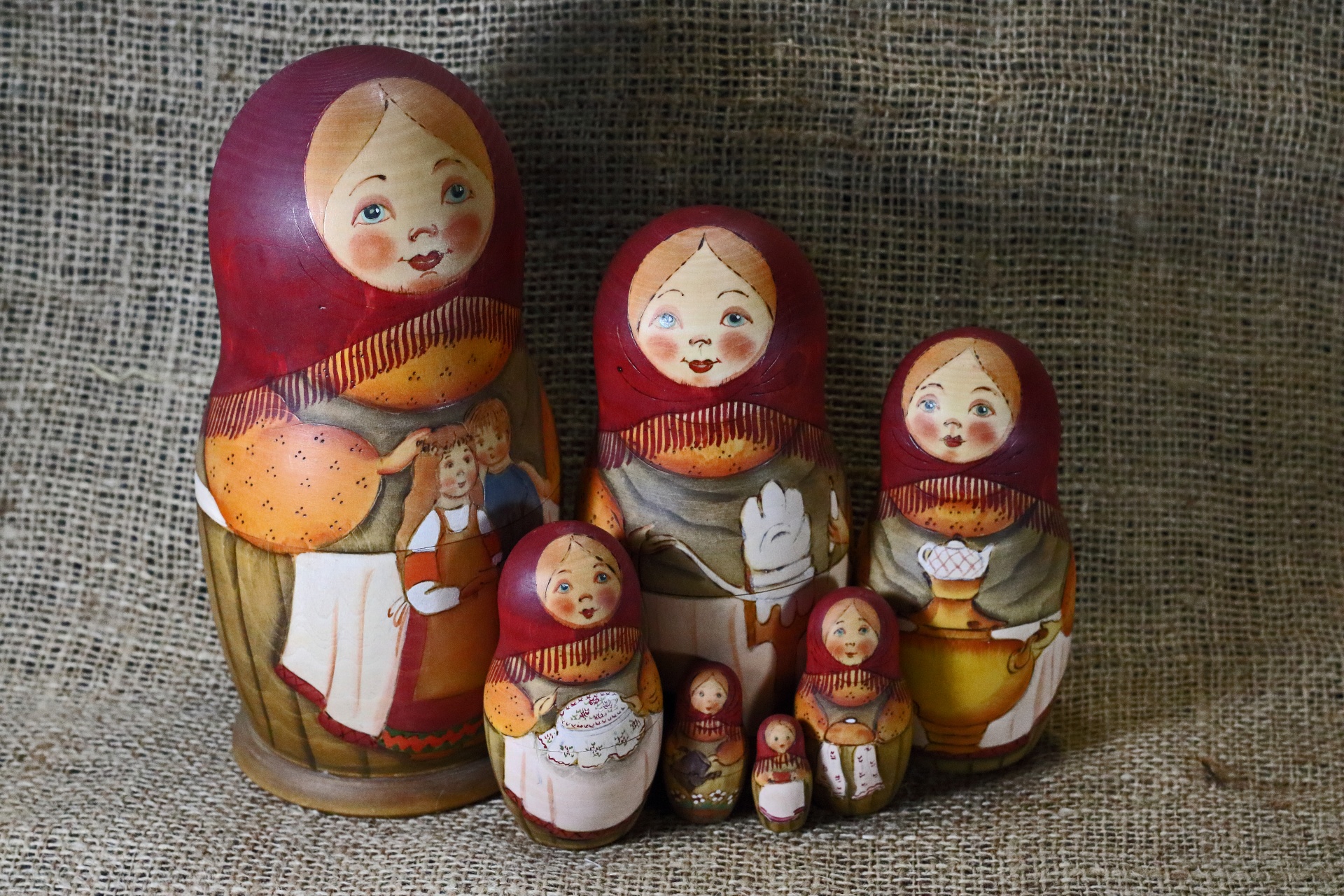 Seven Matryoshka Dolls On Hessian