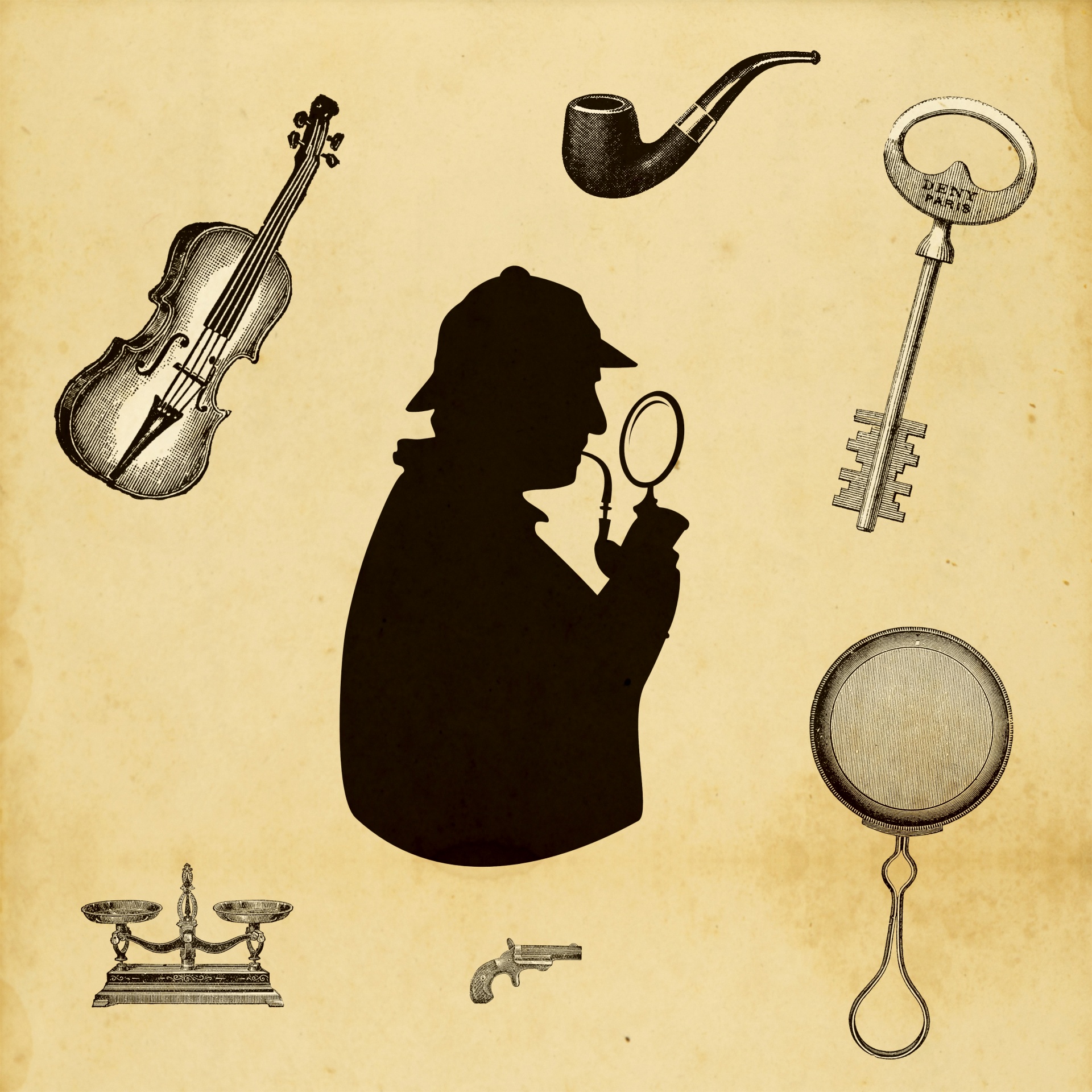 Silhouette of Sherlock Holmes and various related items on old antique paper background