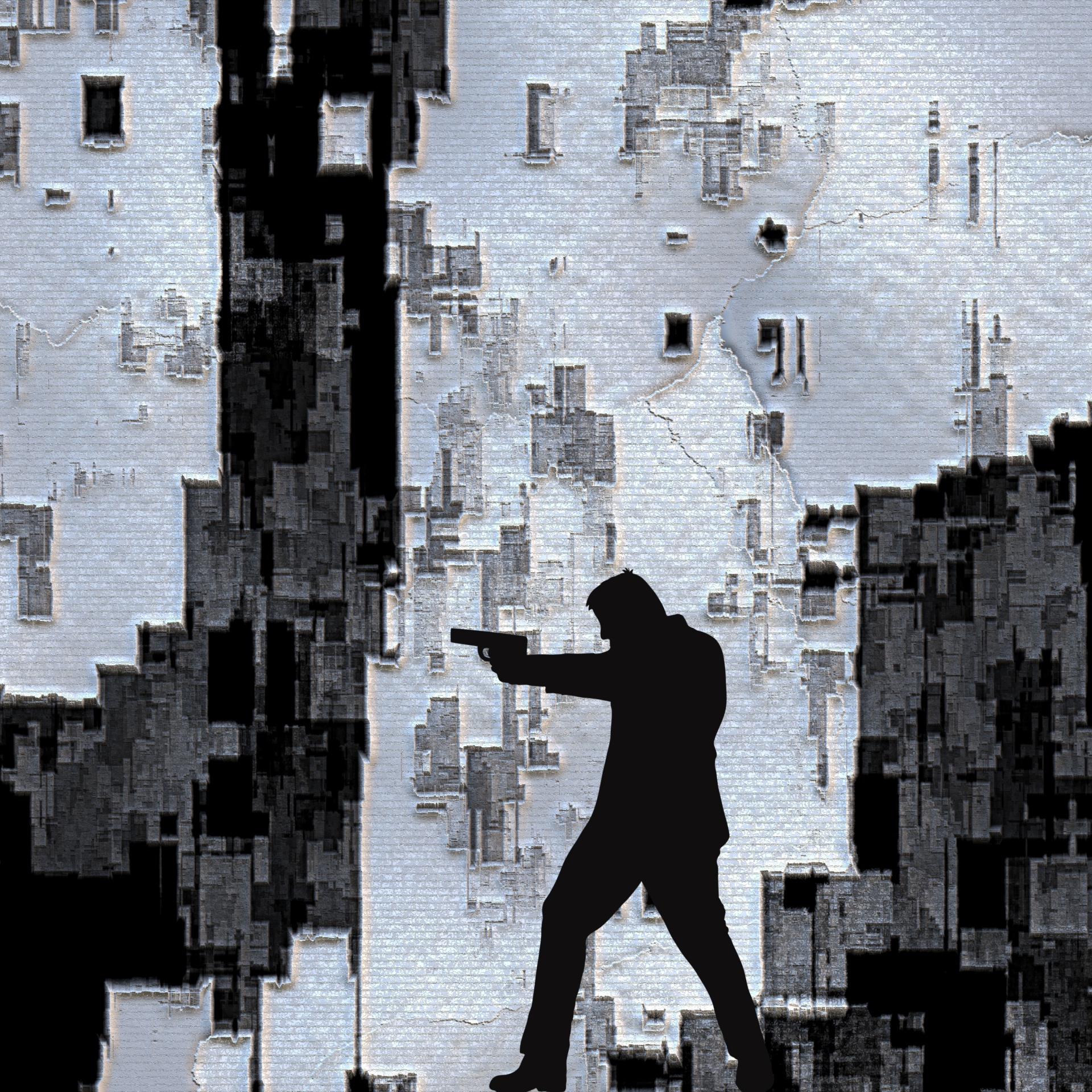 man silhouette in grunge city background with a gun