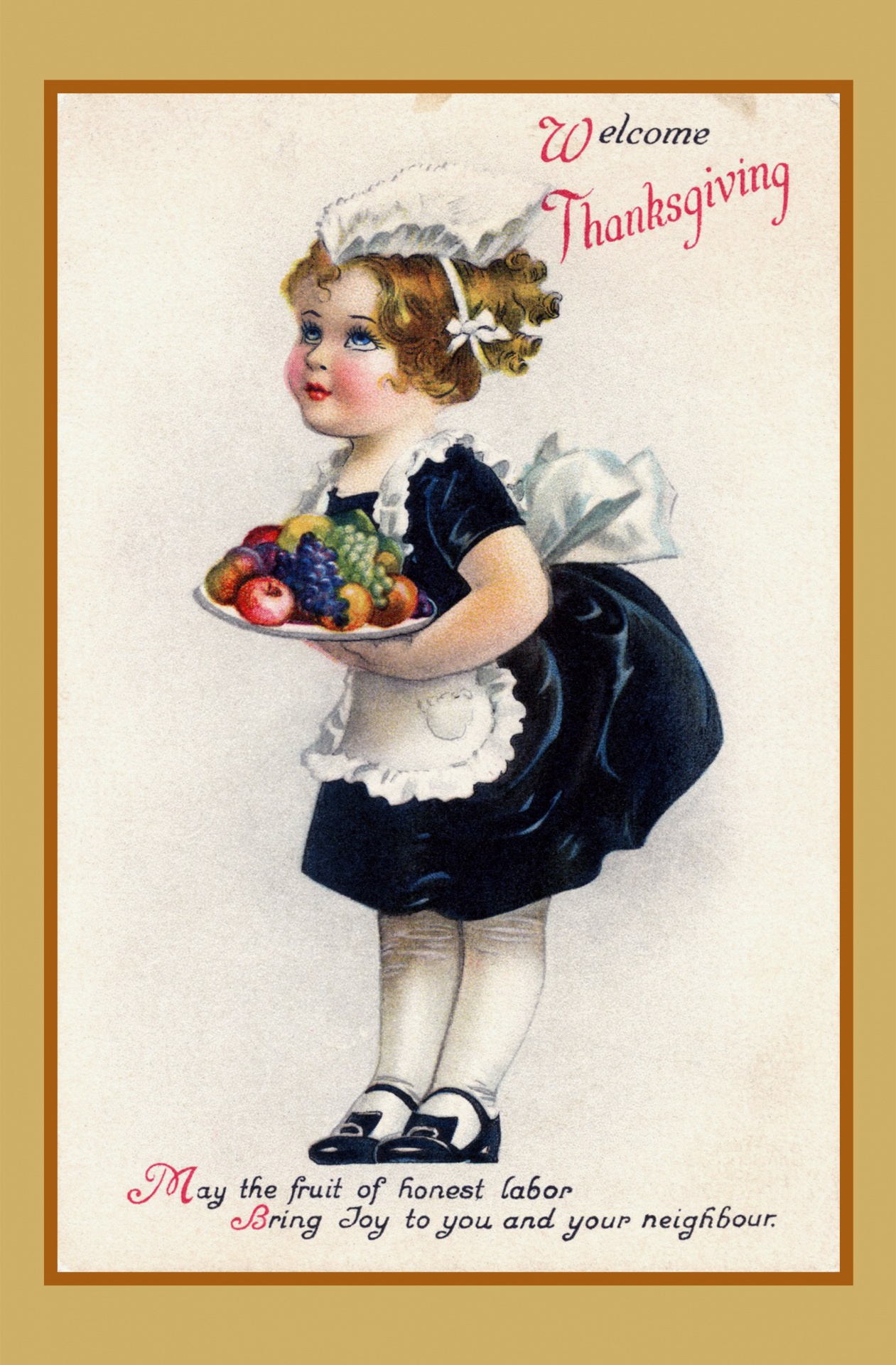 Vintage thanksgiving day card with little girl and bowl fruit