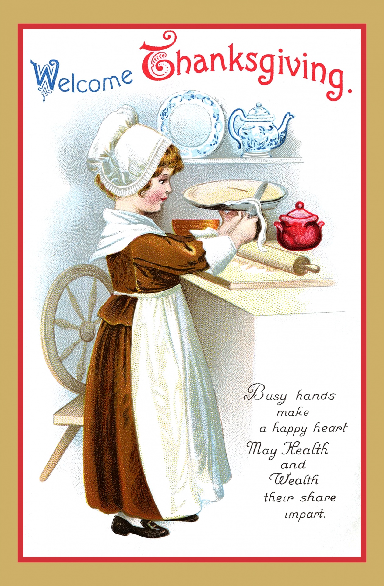Vintage thanksgiving day card with little girl making a pumpkin pie
