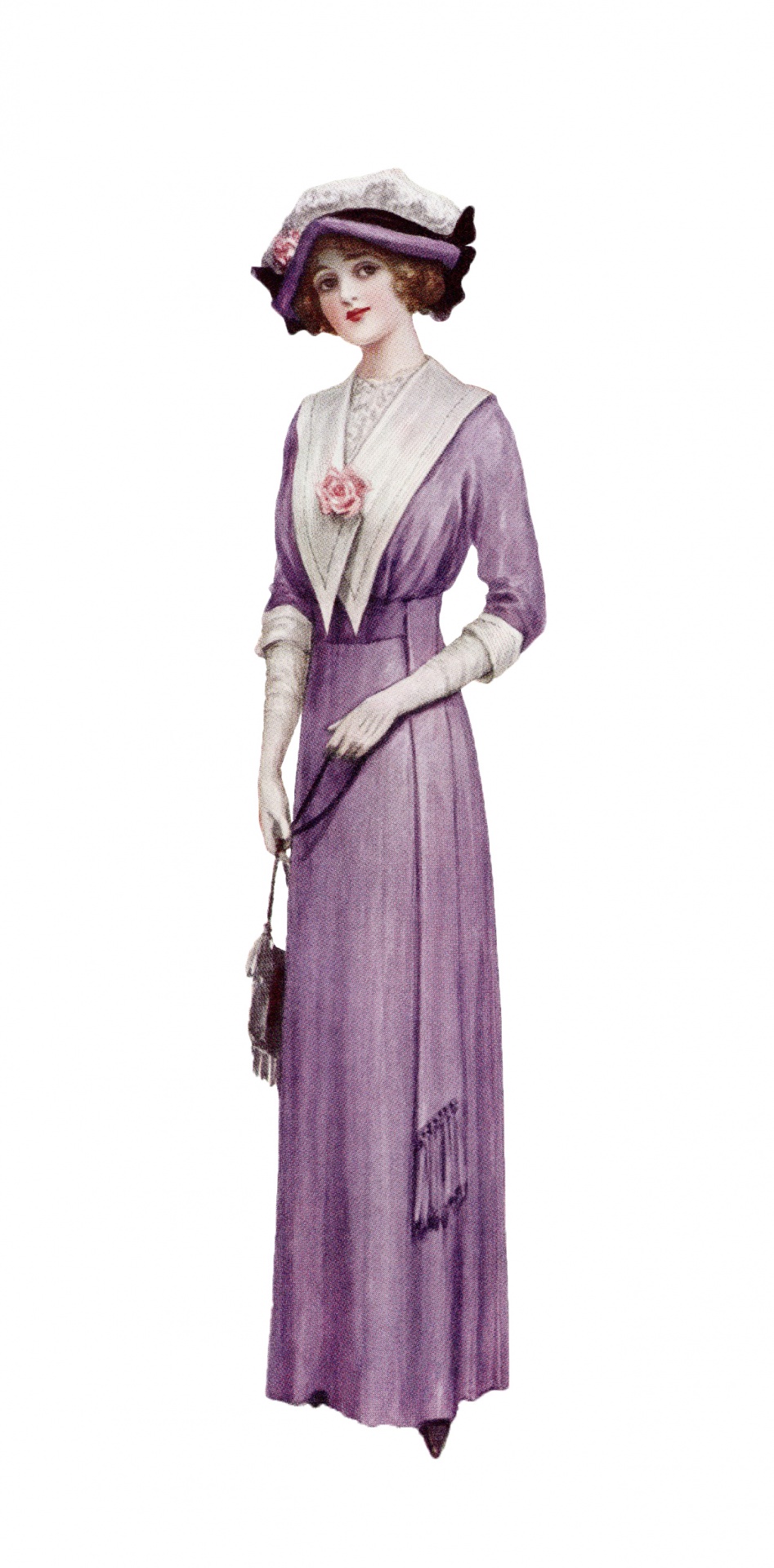 Very pretty victorian young lady wearing a purple dress on white background