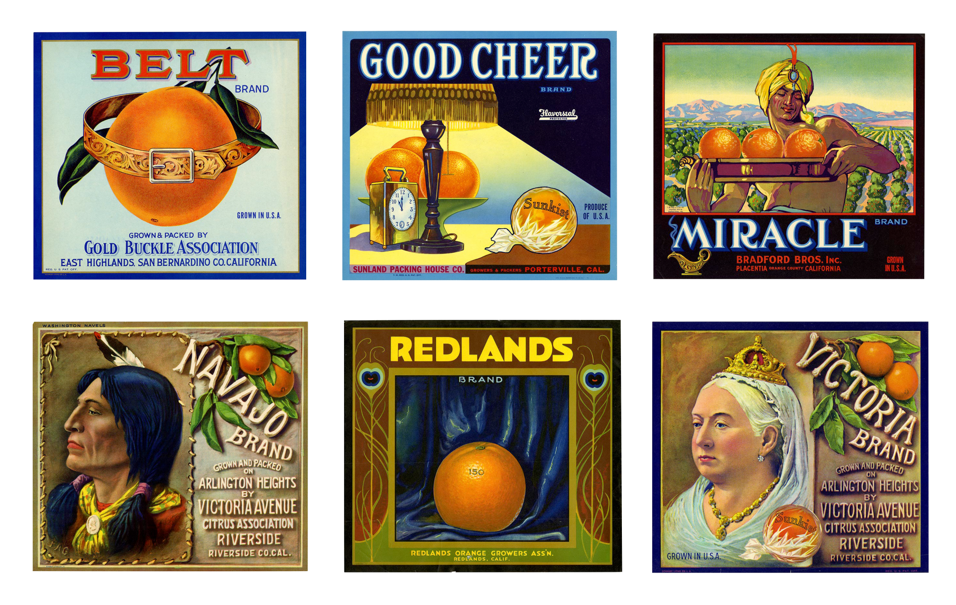 Set of six vintage colorful orange fruit crate labels on transparent png background