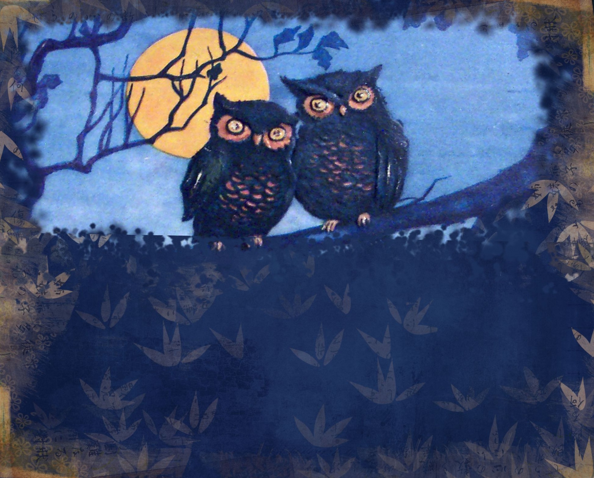 retro illustration of owls with a full moon behind them