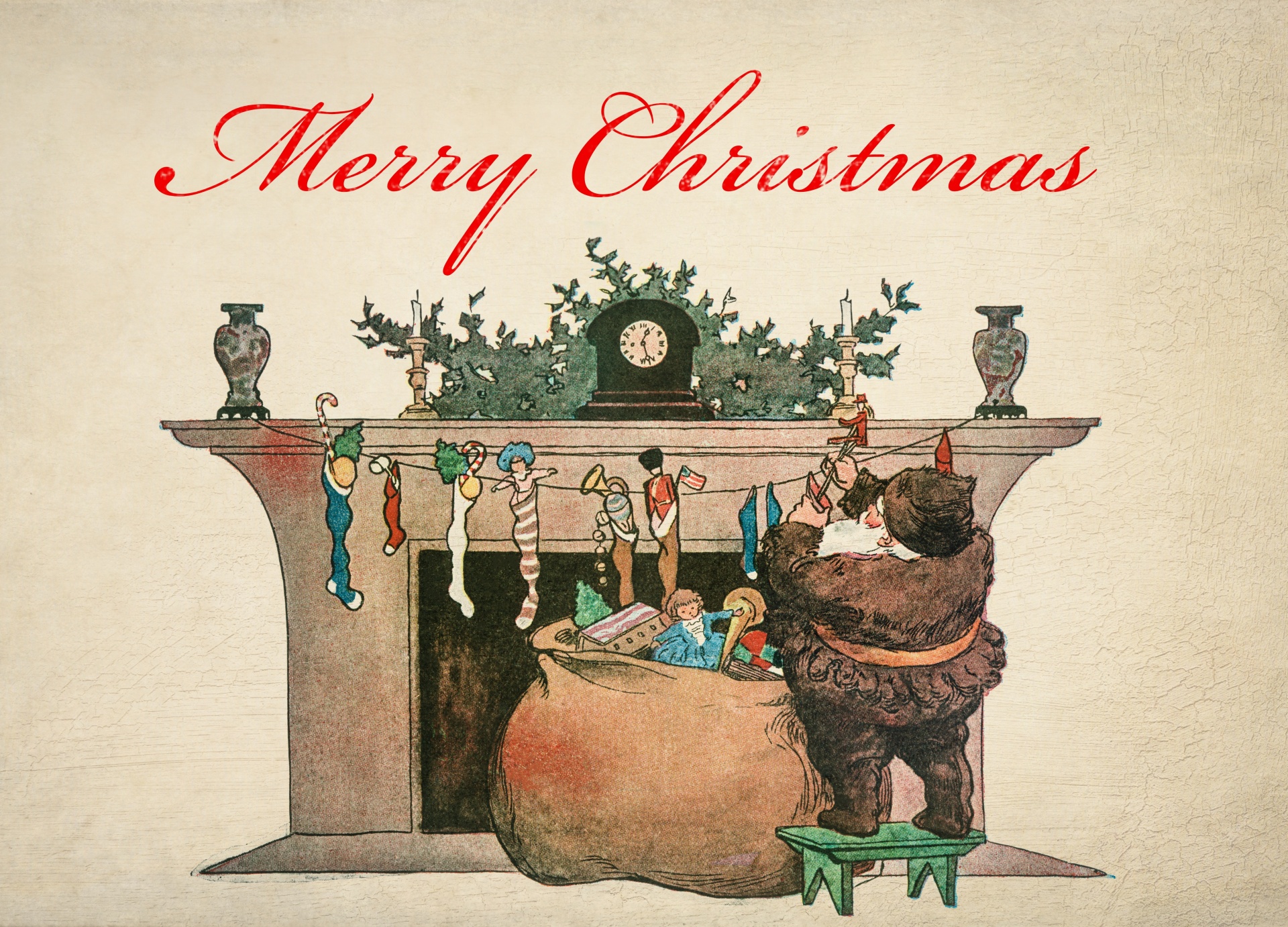 Christmas card Santa Claus fireplace Christmas greetings vintage postcard with clipart on parchment paper