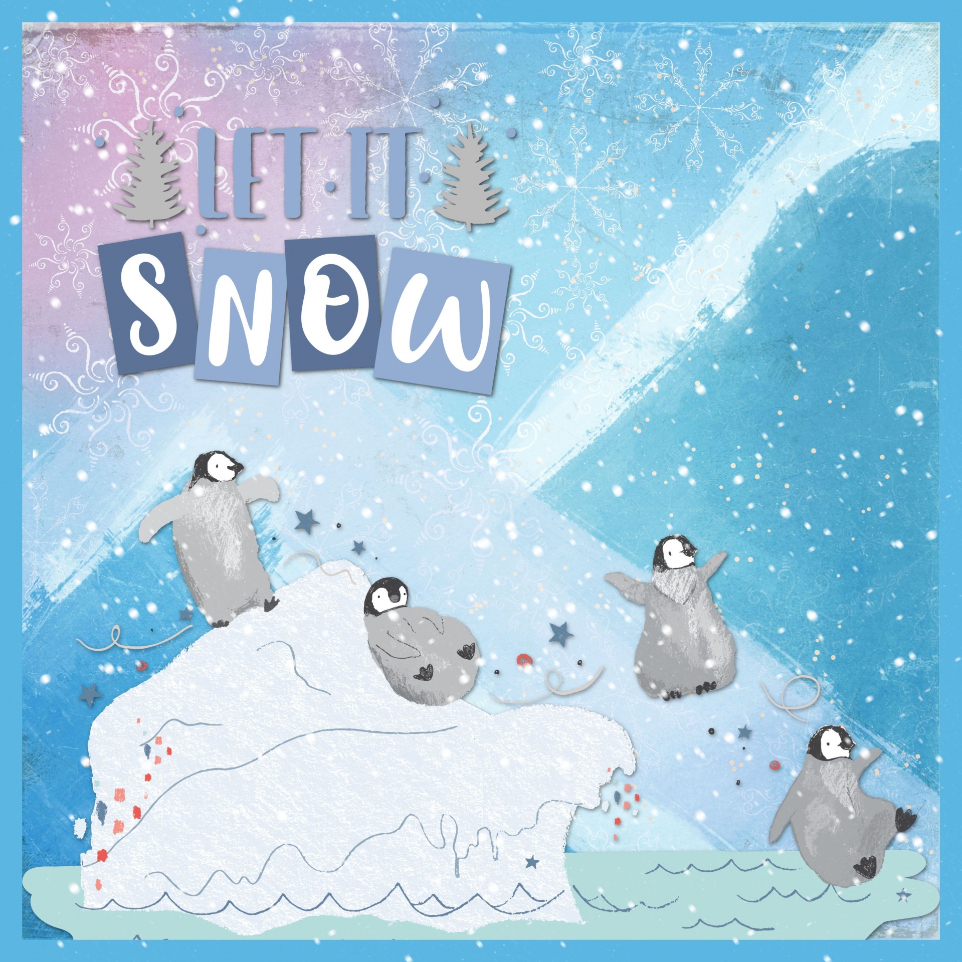 cute penguin characters sliding down an iceberg with let it snow wording
