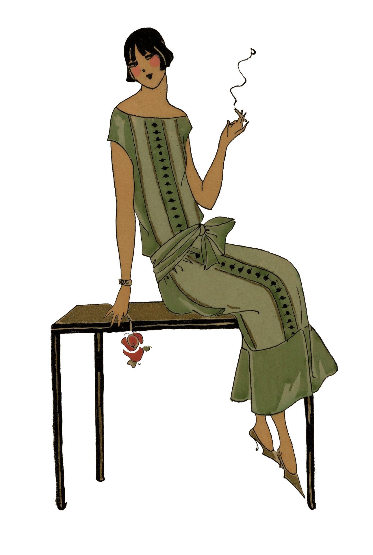 Vintage fashion flapper women sitting on table smoking a cigarette from 1920s in paris couture clipart on transparent png backgroundt