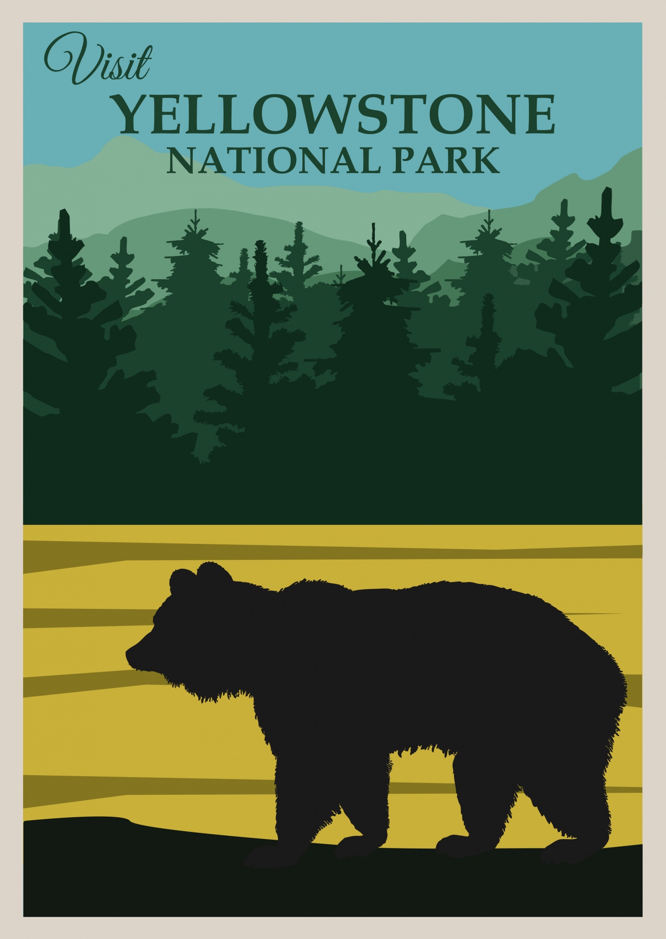 ellowstone National Park, Wyoming, United States of America vintage, retro, style travel poster with bear on open plains with forest and mountains