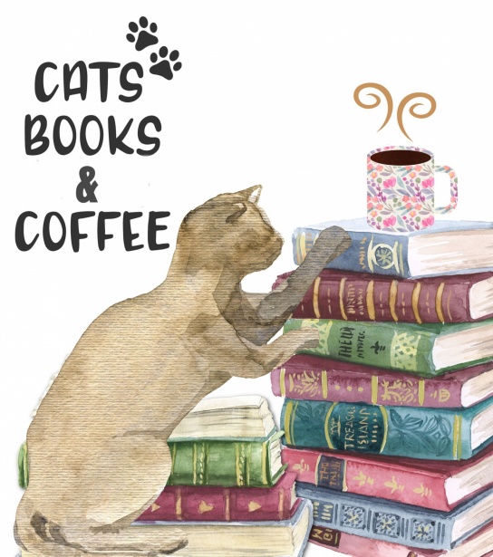 Kávé, macska és könyvek poszter Szabad kép - Public Domain Pictures