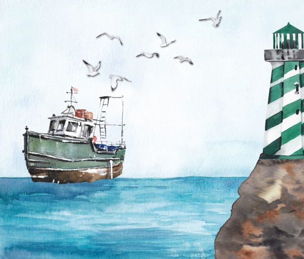 Faro ad acquerello in riva al mare Immagine gratis - Public Domain Pictures