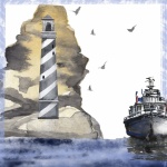 Ship, Gulls, Lighthouse And The Sea