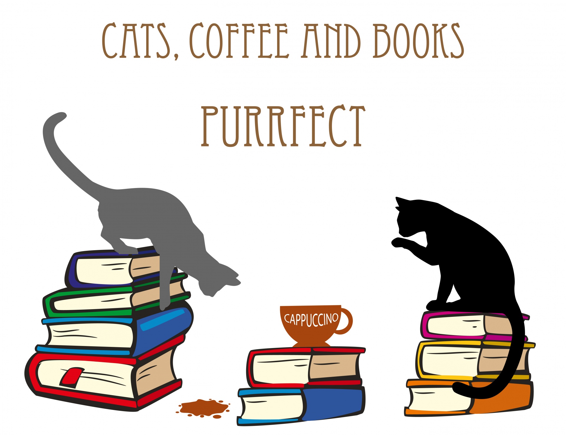 Fun clipart vector illustration of cats, books and coffee on white background