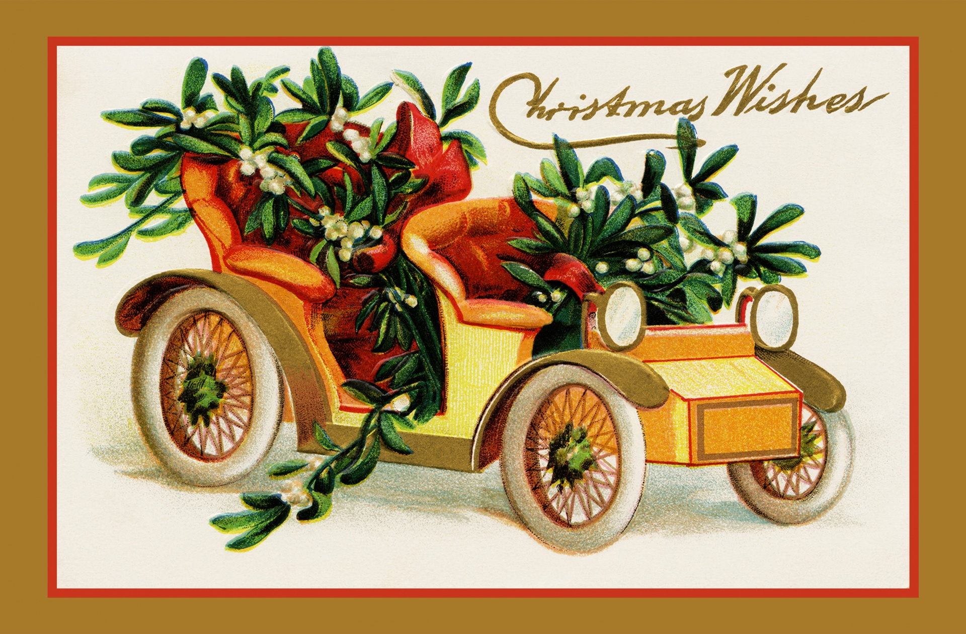 Vintage christmas card with vintage car filled with mistletoe