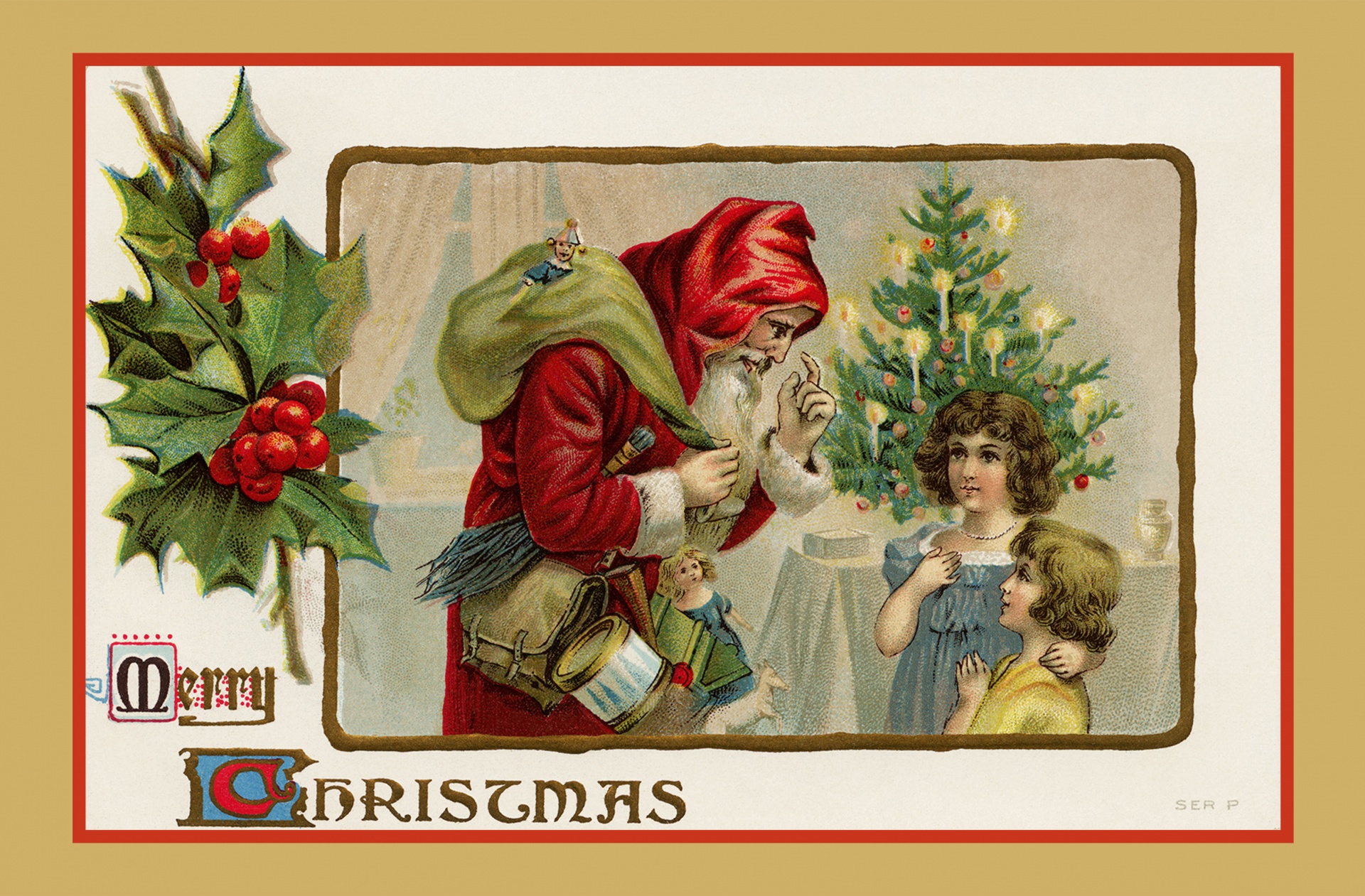 Vintage christmas card santa with sack of gifts talking to two children