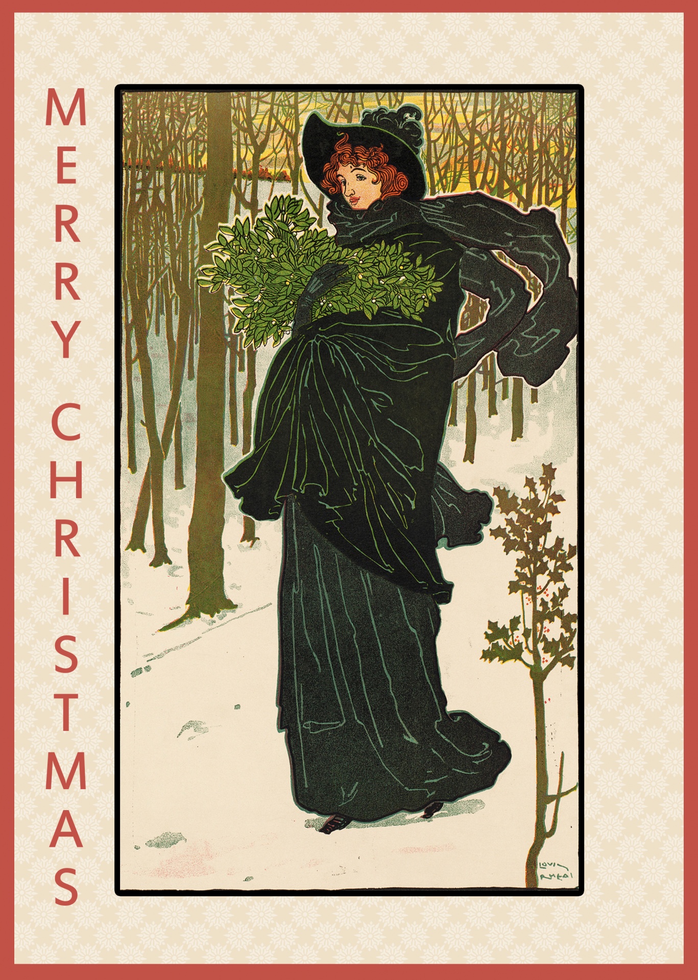 Vintage art nouveaux christmas card with woman holding mistletoe on aged snowflake pattern background and typography