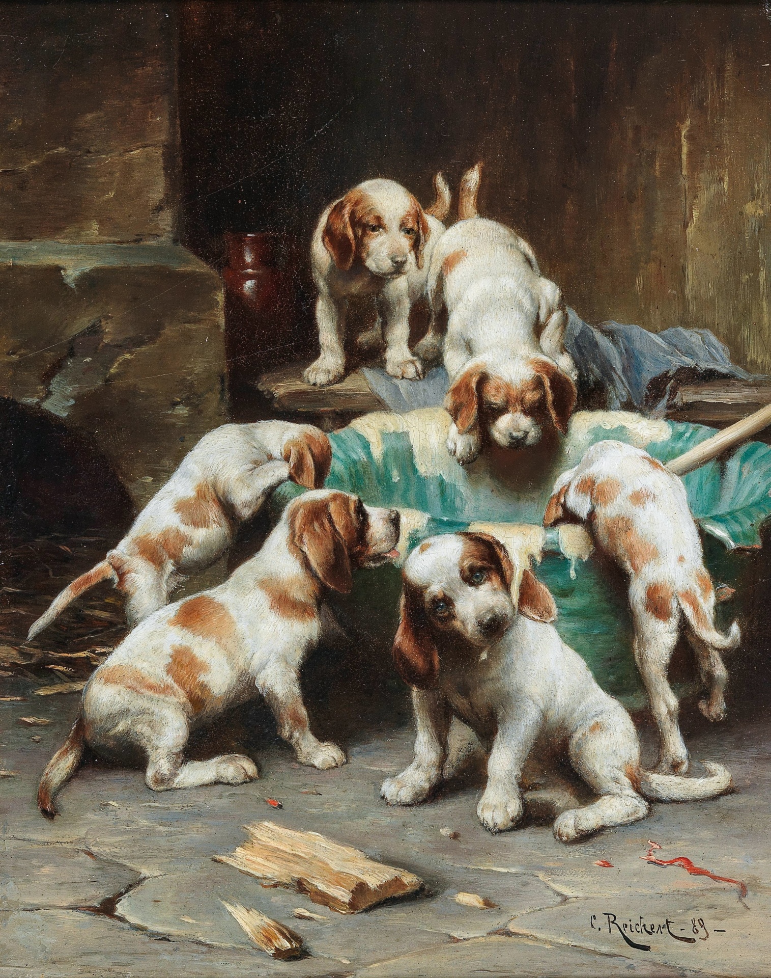 Dogs Puppies Beagle Vintage illustration old antique painting painting by Reichert from 1889