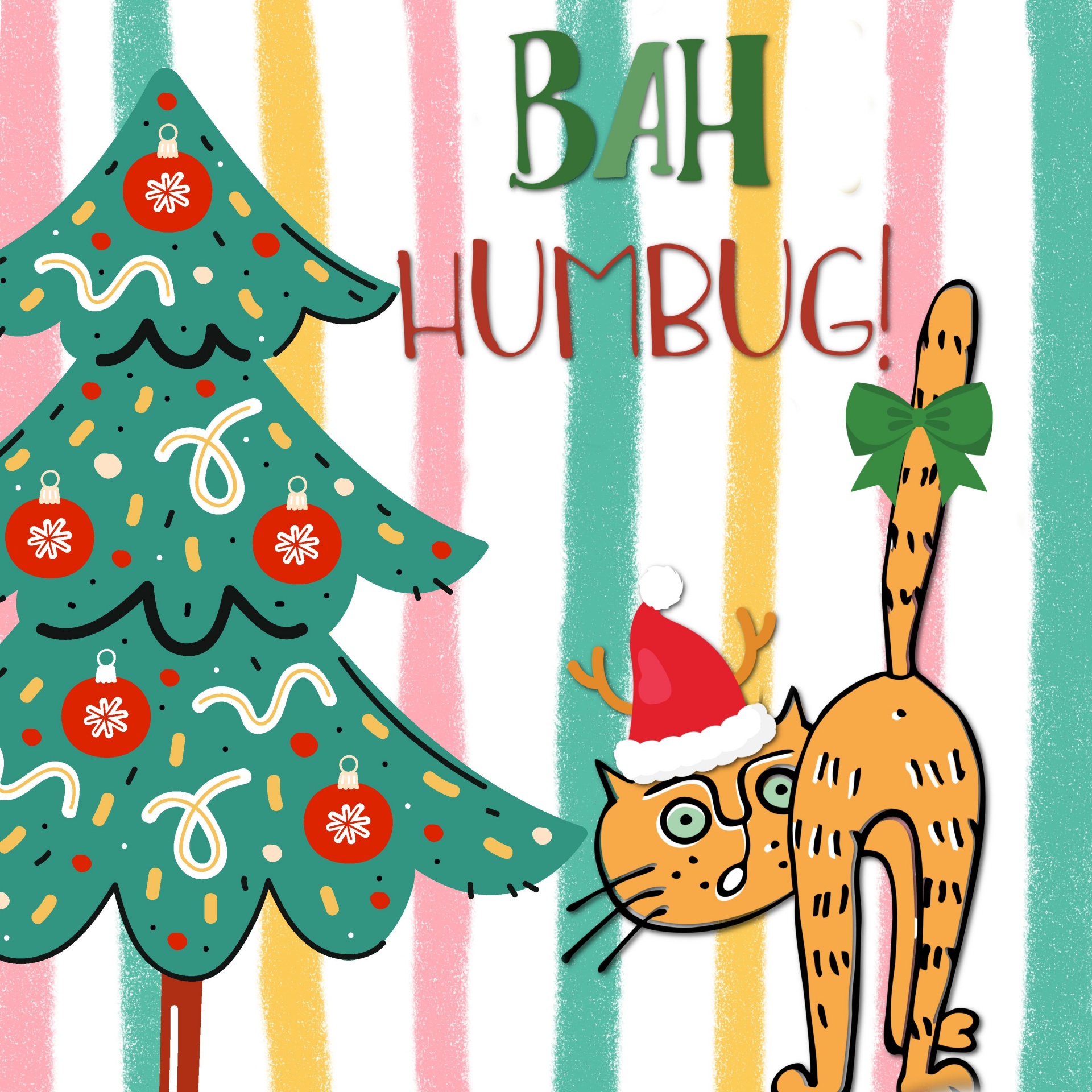 colorful illustration featuring a cartoon cat booing Christmas