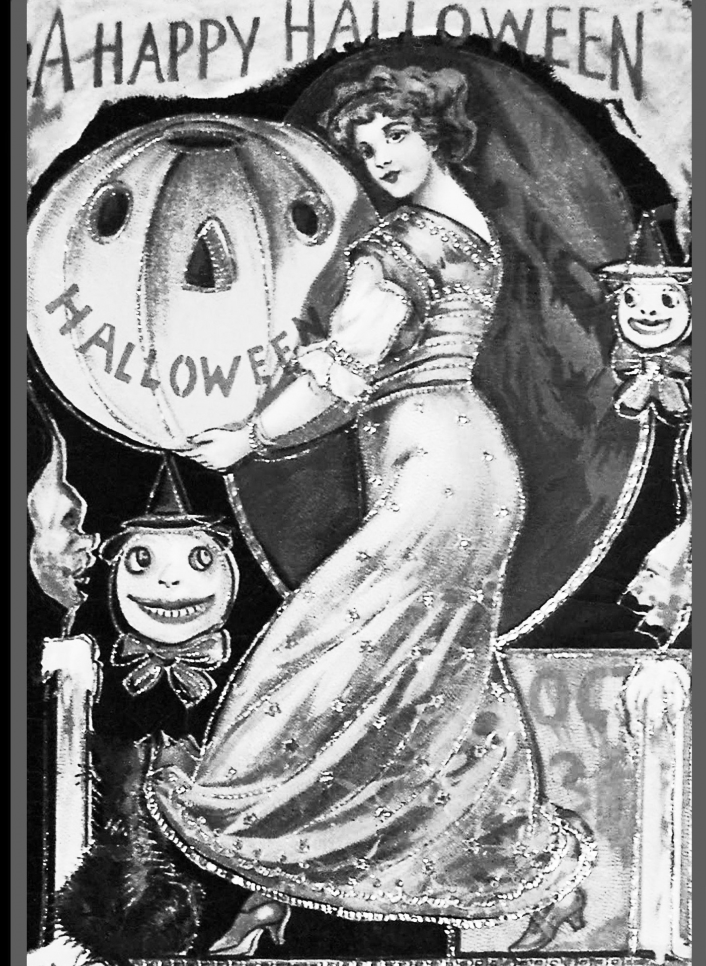 woman holding a large jack-o-lantern retro poster