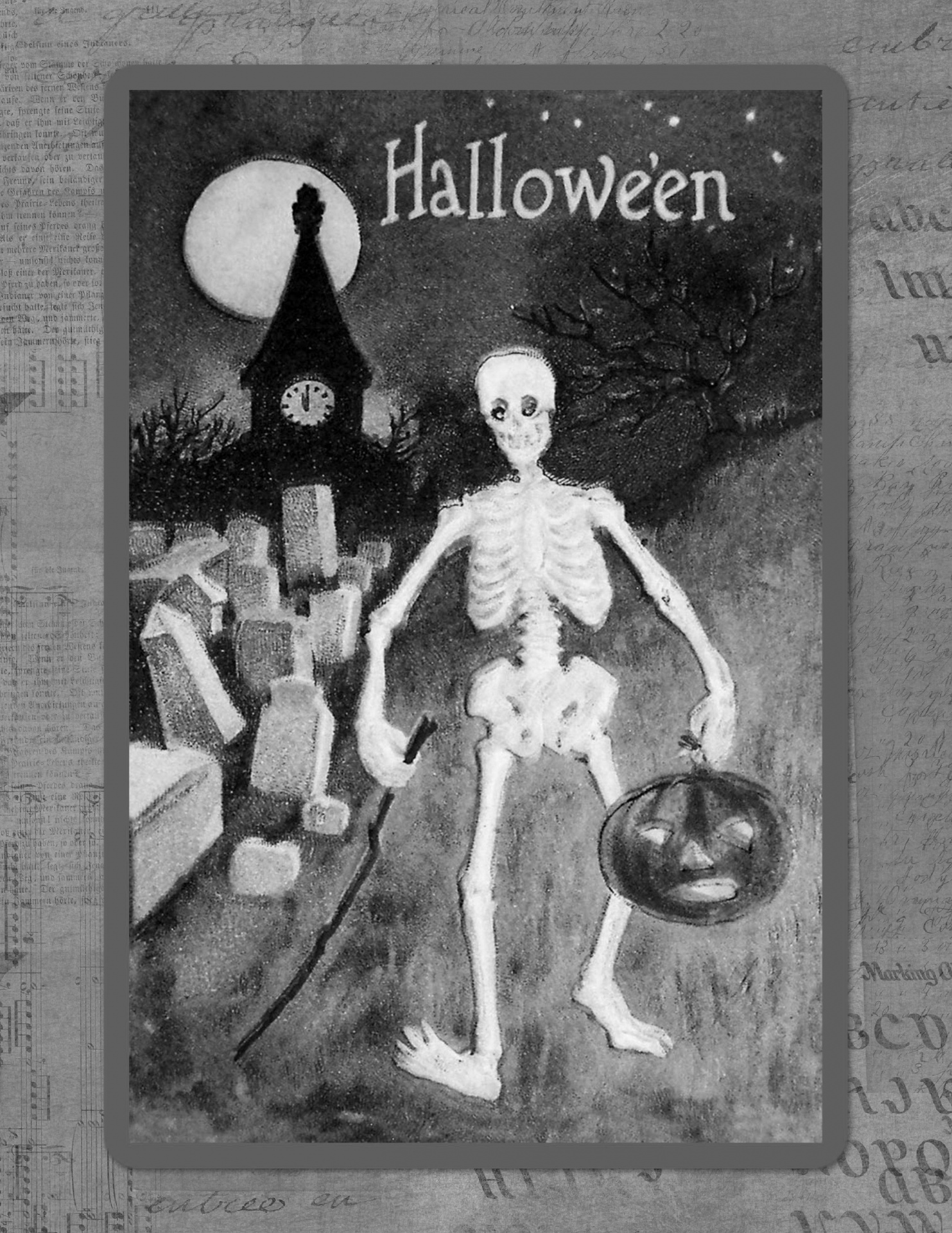 skeleton with a jack-o-lantern retro poster in black and white