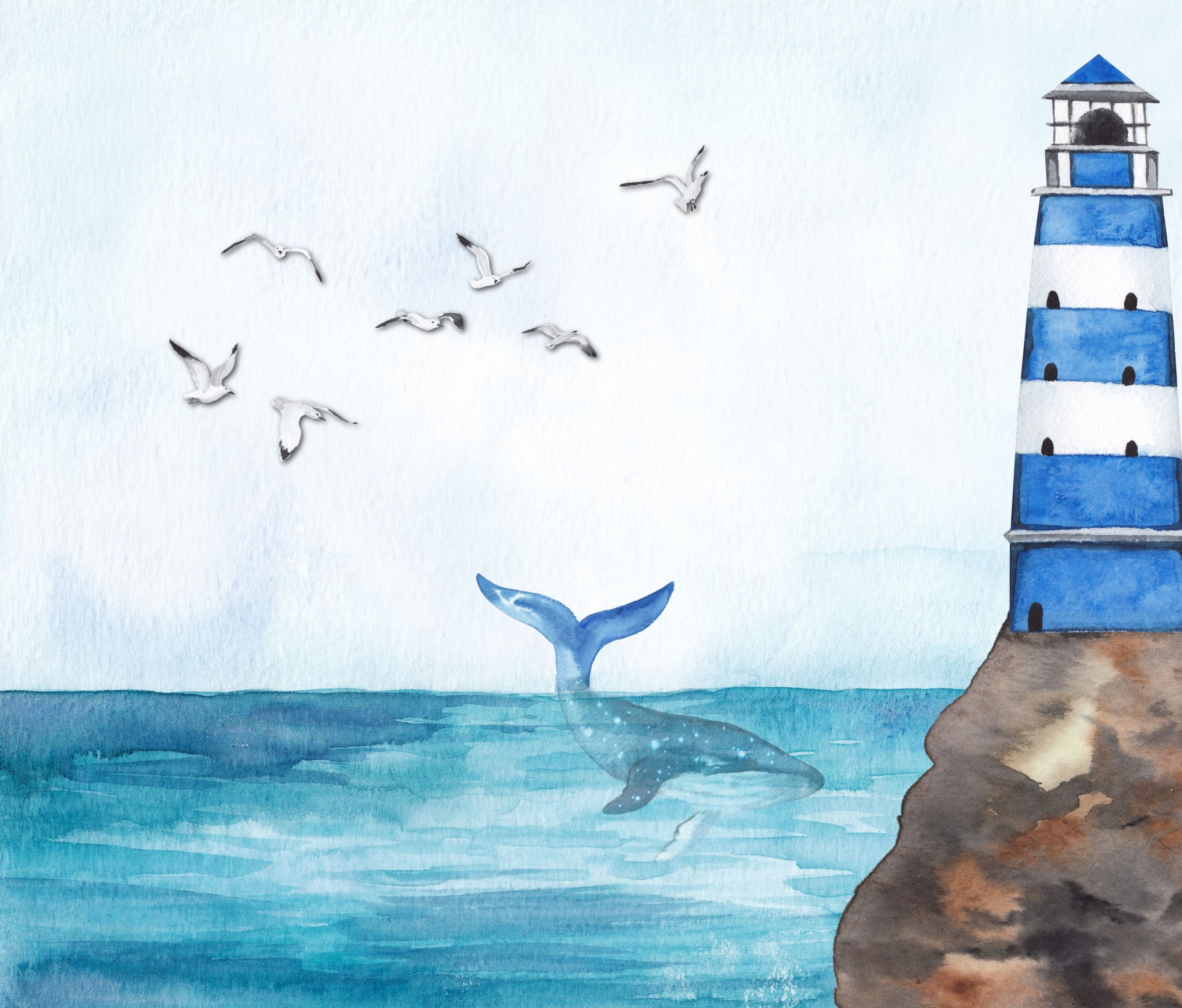 Watercolor Lighthouse By The Sea