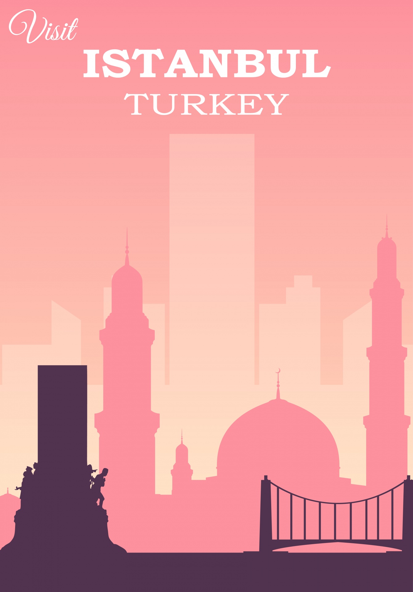 Modern travel Poster for Istanbul, Turkey in pink tones with city skyline and landmarks backdrop