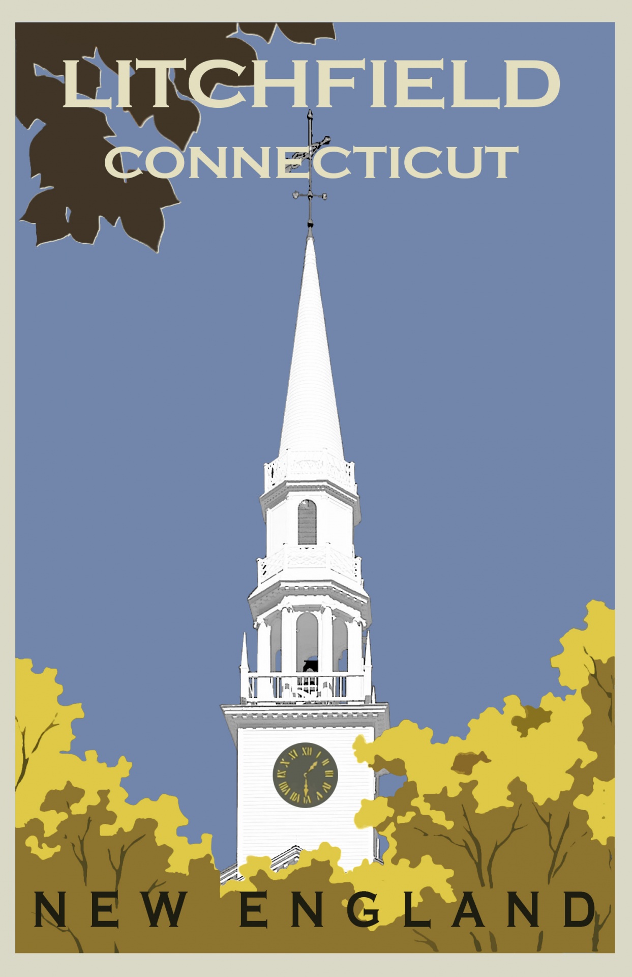 Modern but with a retro vintage feel travel poster for Litchfield, Connecticut, America in the fall with clock tower of famous little white church