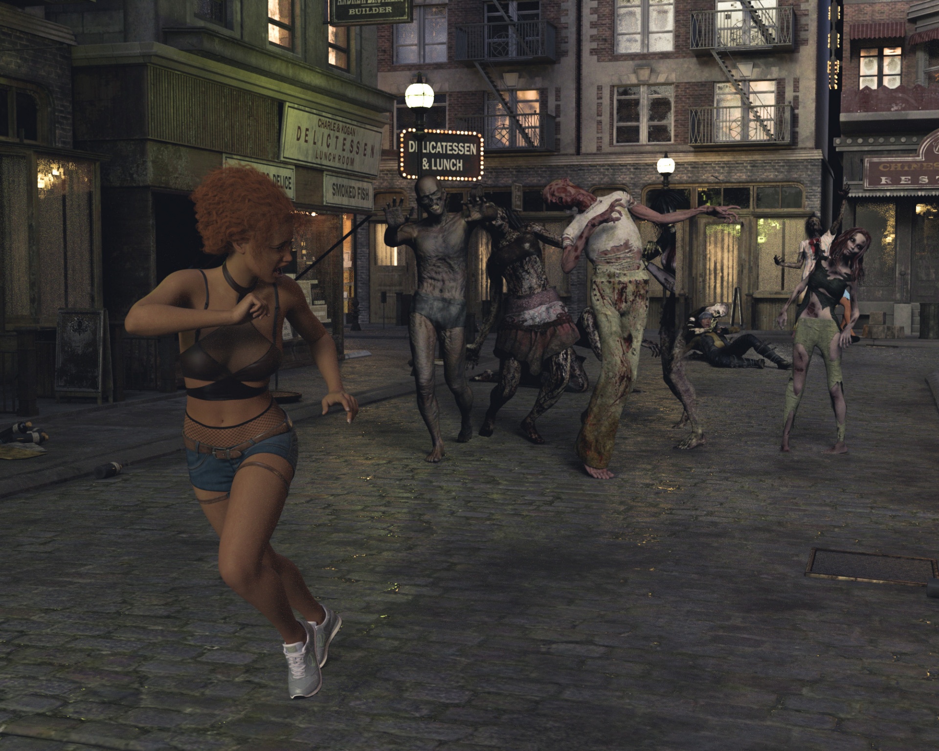 Woman runs away from zombies