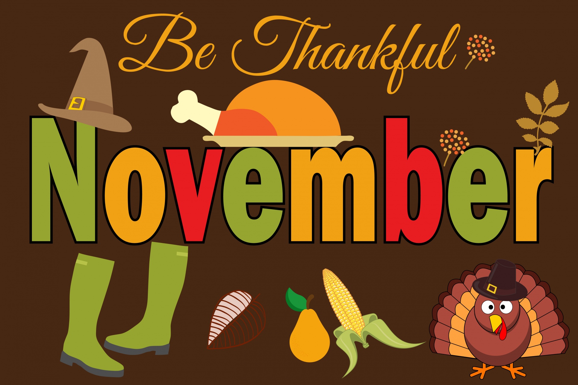 Vector illustration for thanksgiving day with turkey, fruit, vegetables, rain boots and typography November colorful background