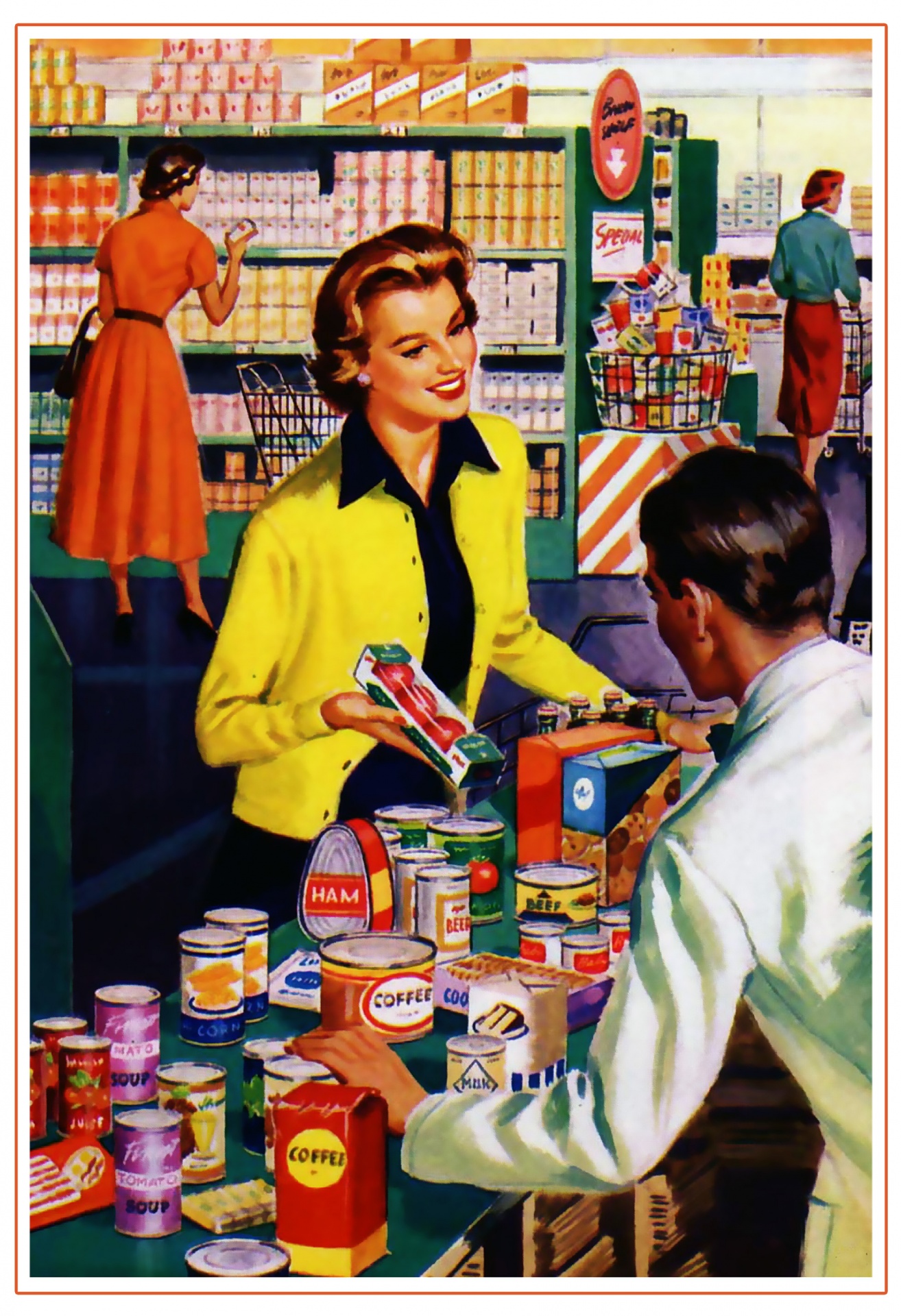 Retro art painting of a pretty young woman grocery shopping at the supermarket on neutral background frame