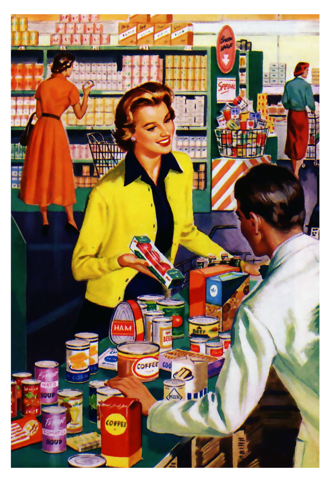 Retro art painting of a pretty young woman grocery shopping at the supermarket on transparent png background