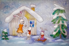 Hares, Rabbits, Winter, Family, Mom