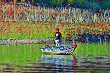 Man Fishing Boat Lake
