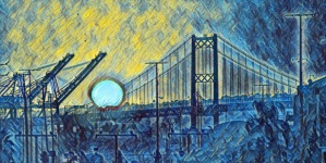 Cranes And Bridge At Sunset