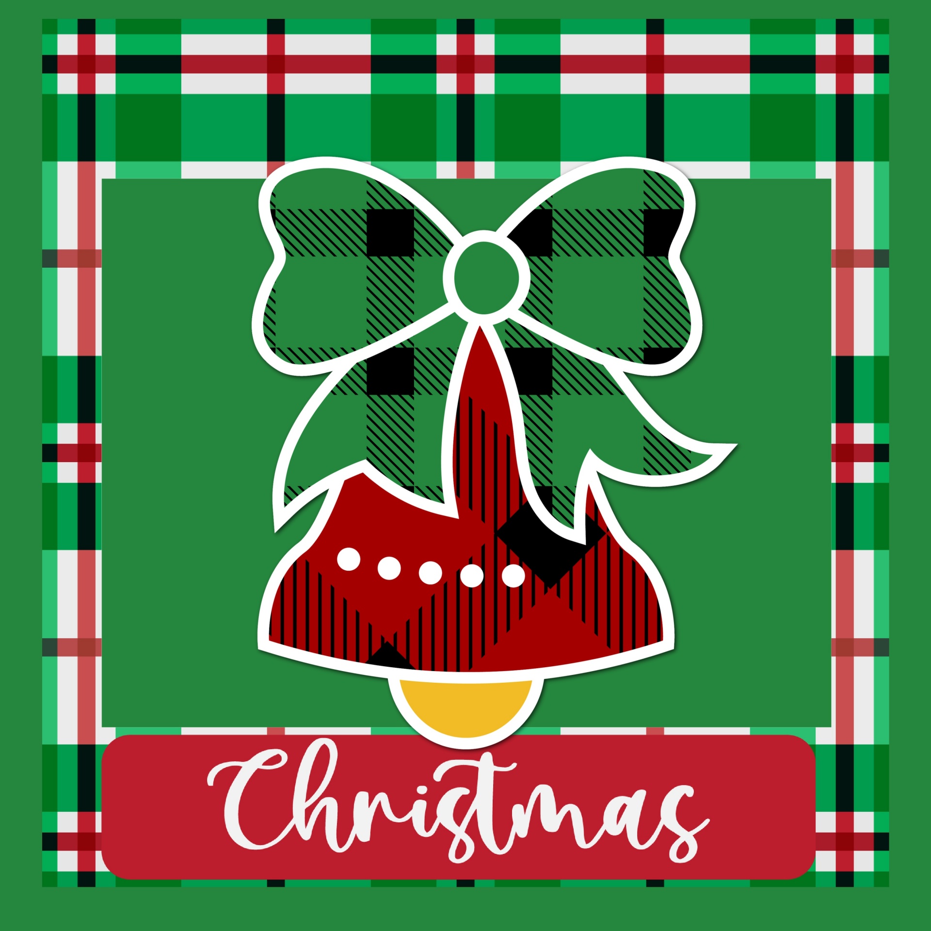 Plaid Frame with the word Christmas at the base featuring a bell