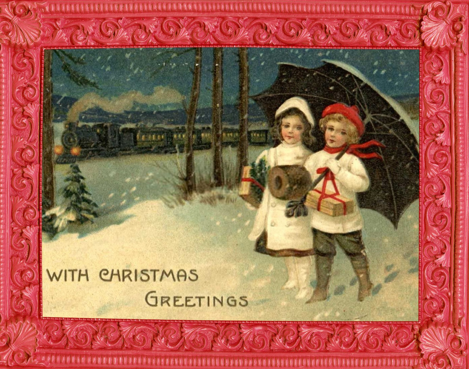 antique retro 1920 vintage children with umbrellas in the snow and a train in the distance