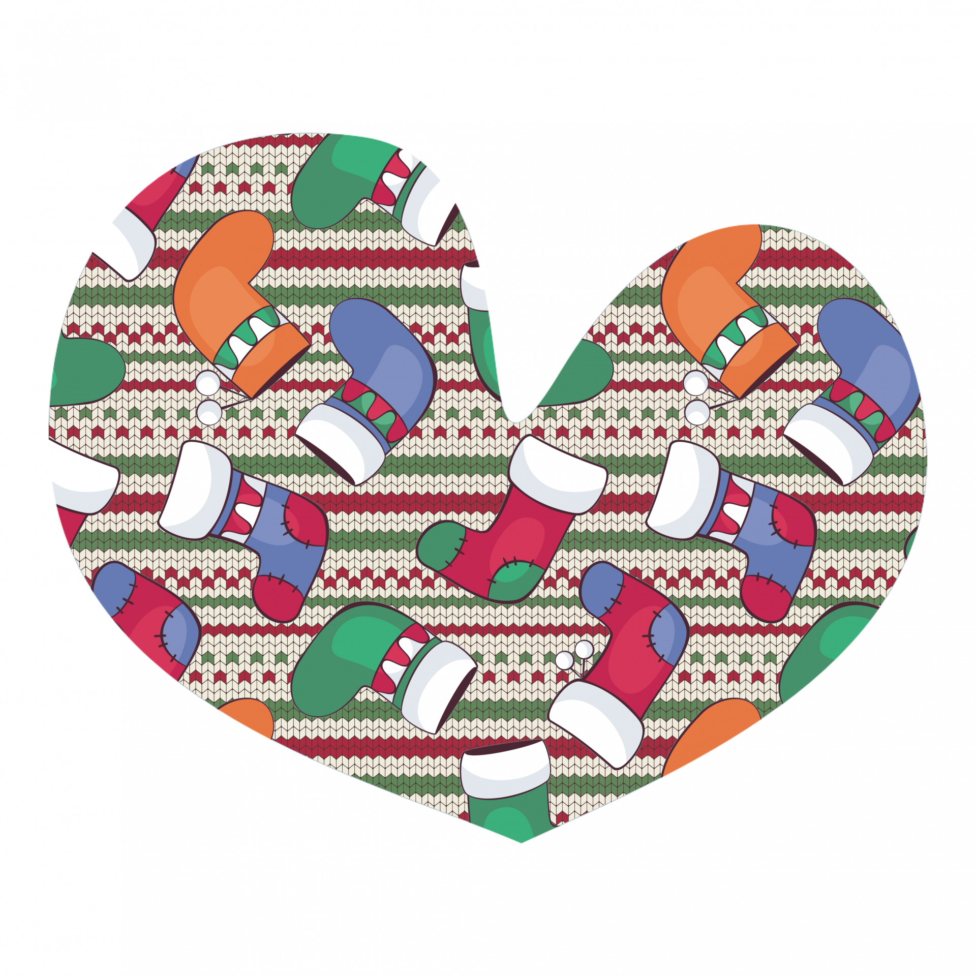 a heart filled with a knit pattern background and filled with Christmas stockings