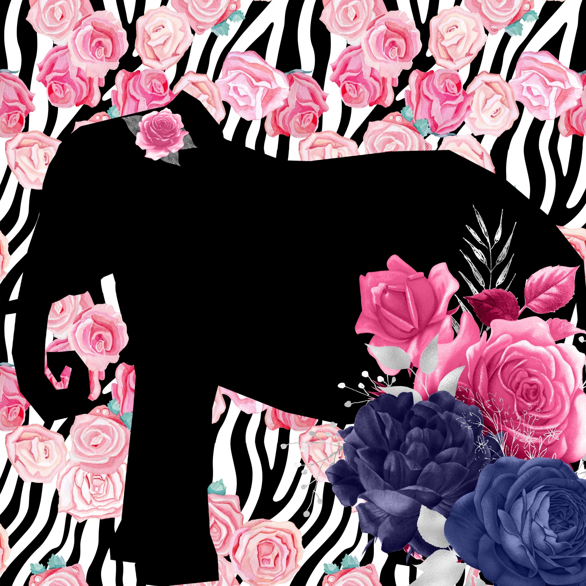 silhouette of an elephant on a rose and zebra pattern background