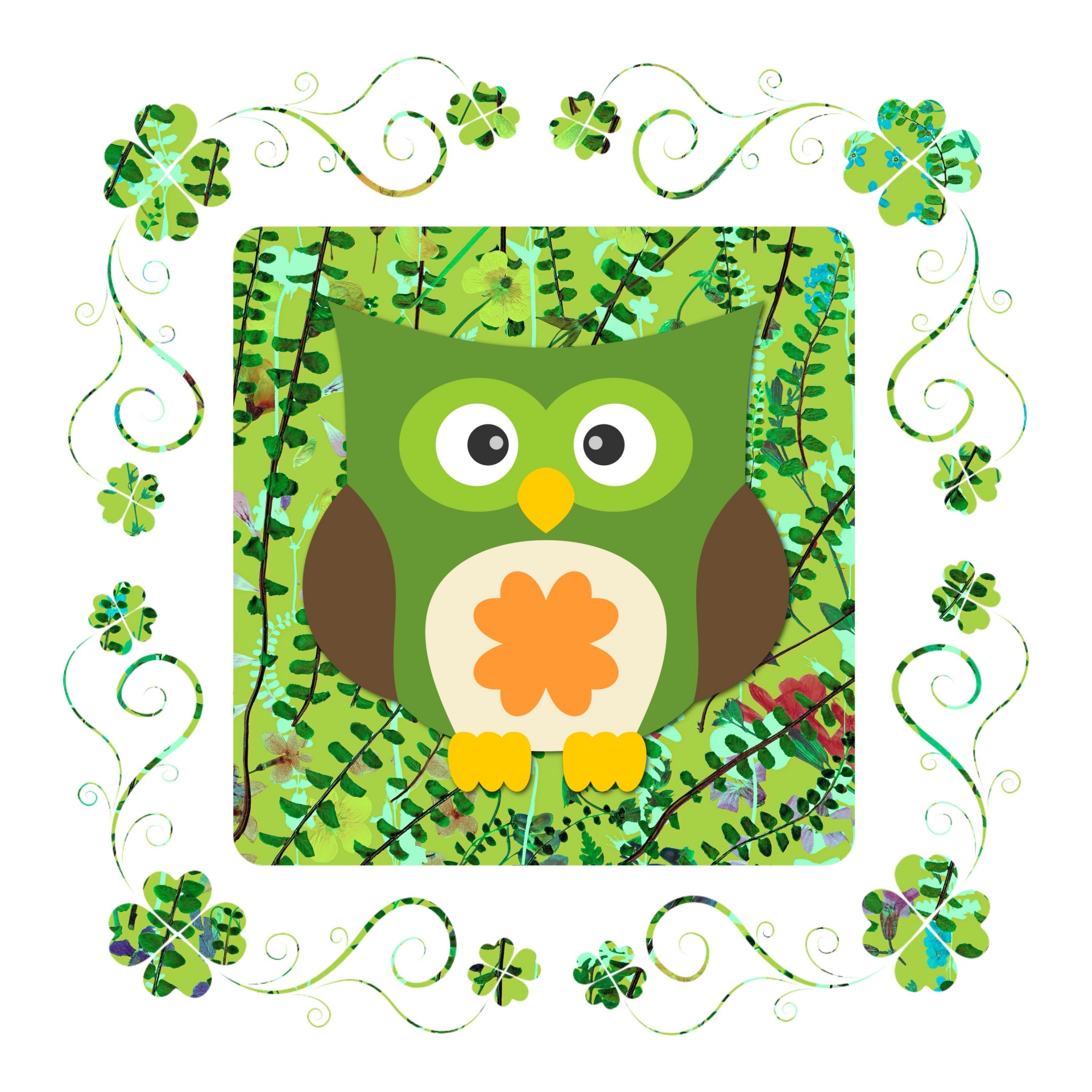 owl character framed by patterned four-leaf clovers