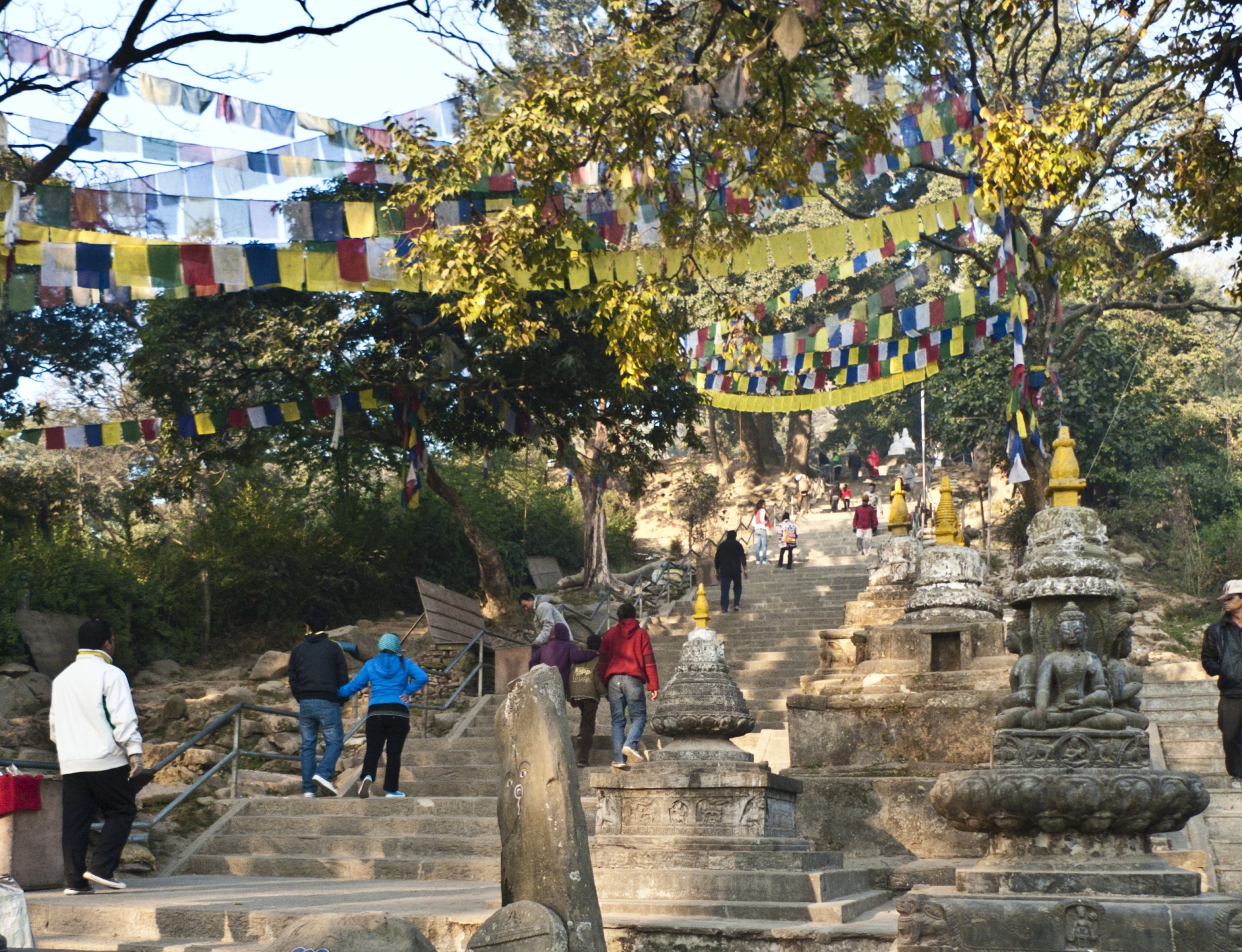 Approaching the Swayambunath Buddhist temple complex, which lies on a hill to the west of central Kathmandu.