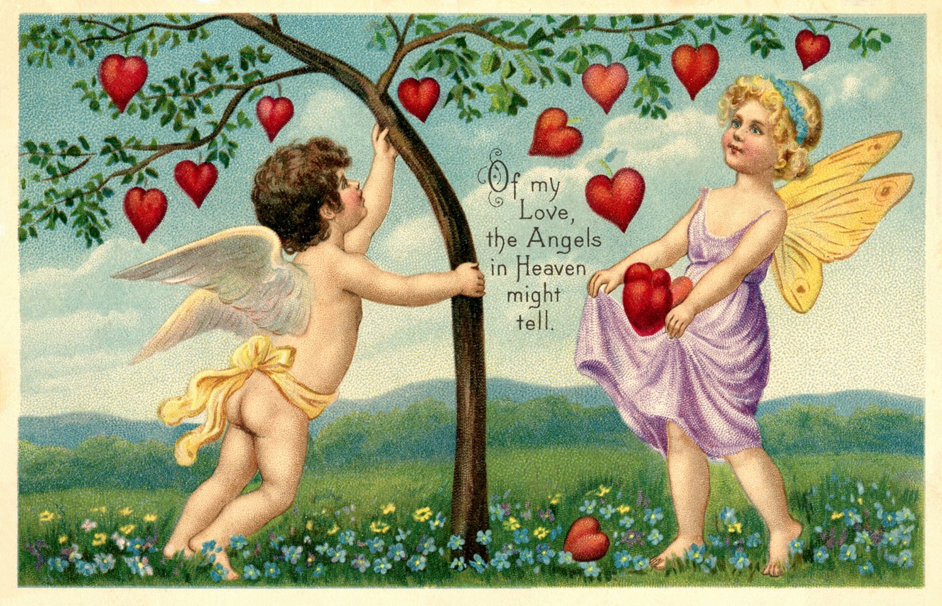 Valentine’s day vintage postcard with cherub angel tree with heart fruits text Valentines greetings