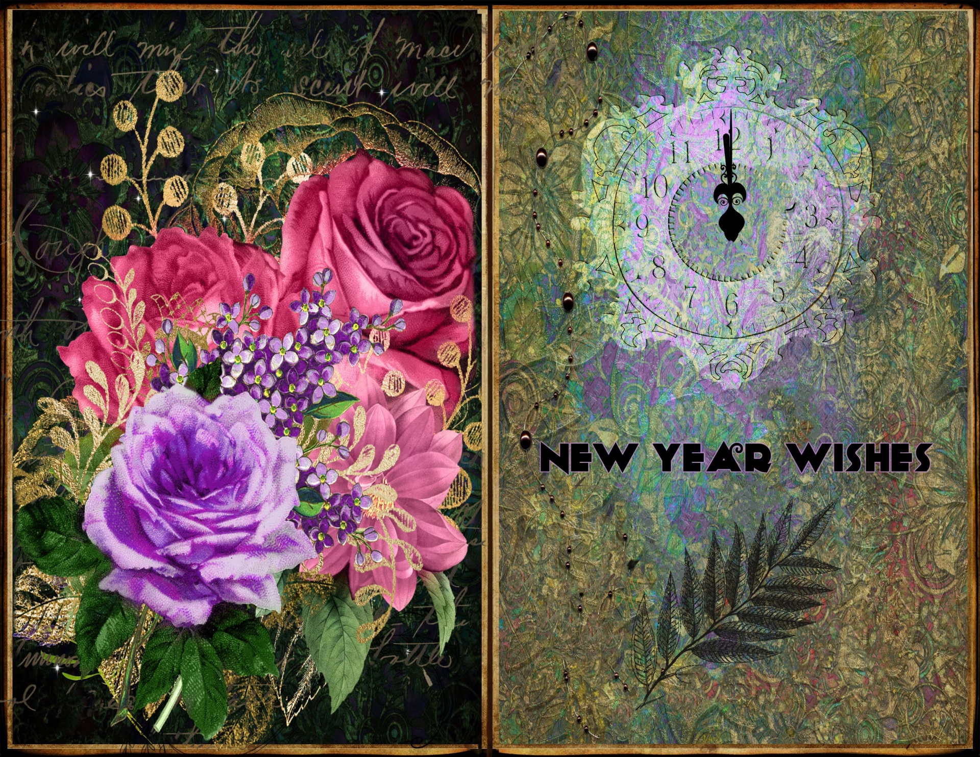 vintage floral card with New Year Wishes - an ornate antique clock is almost at midnight