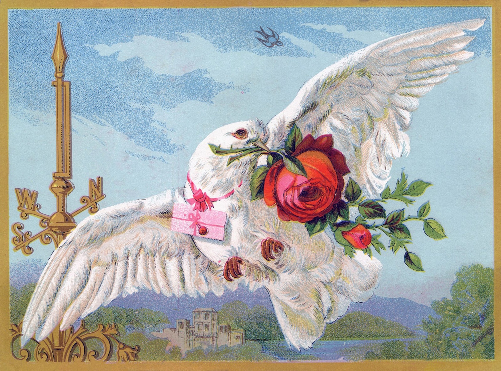 Vintage postcard pigeon carrier pigeon with letter and red rose romantic victorian card old public domain
