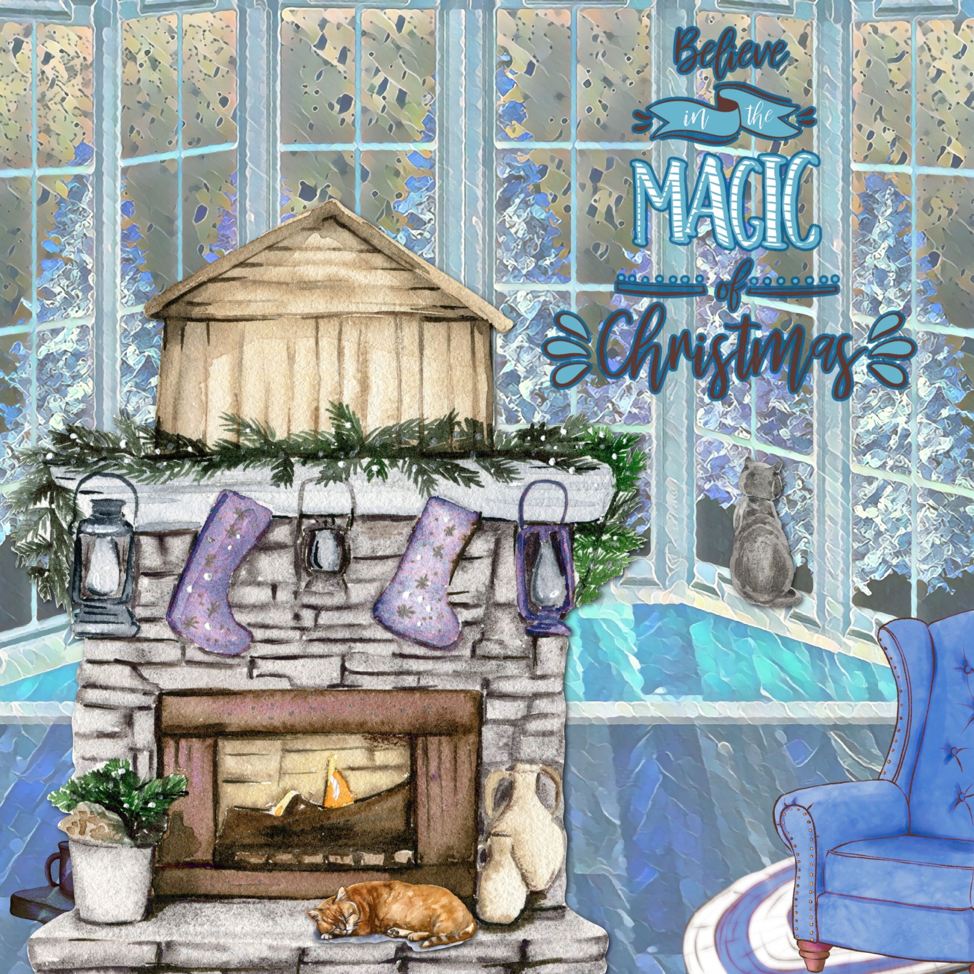 watercolor digital art illustration featuring a fireplace with words believe in the magic of christmas. Cats in the image
