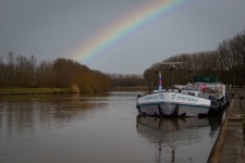 Barge, River, Rainbow