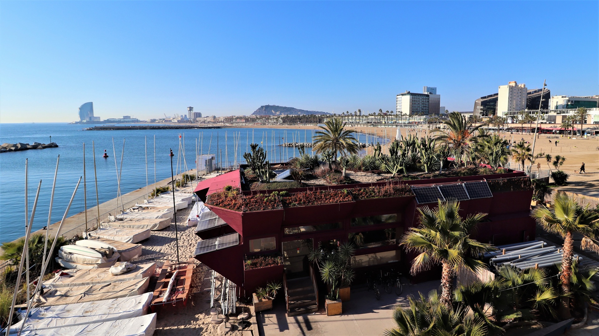 A view across Barcelona beachfront area across barceloneta to montjuic